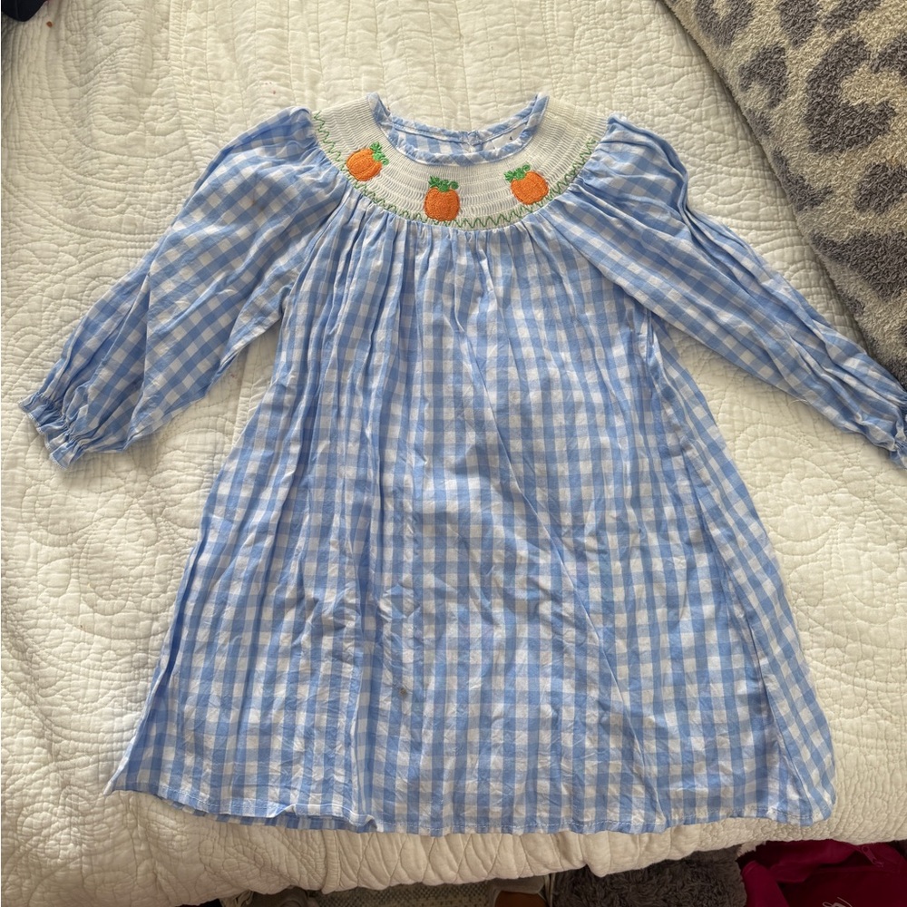 Blue Gingham Dress with Pumpkin Embroidery